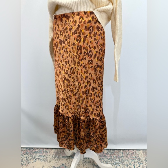 FORGOTTEN GRACE Brown Cheetah print ruffle hem midi skirt size L - Picture 3 of 11
